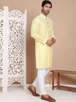 Jompers - Yellow Silk Blend Regular Full Sleeves Kurta With Pyjama