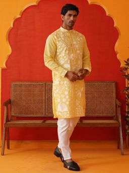 Jompers - Yellow Silk Blend Regular Full Sleeves Kurta With Pyjama
