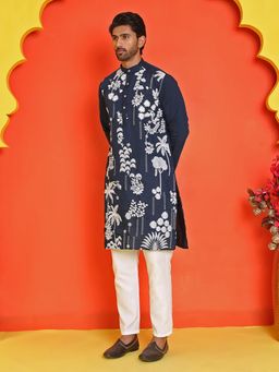 Jompers - Navy Blue Silk Blend Regular Full Sleeves Kurta With Pyjama