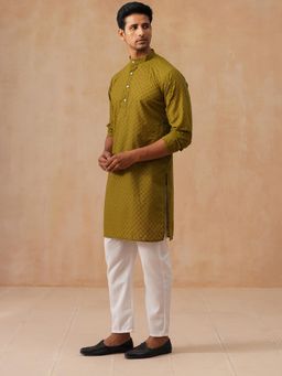 Jompers - Olive Pure Cotton Regular Full Sleeves Kurta With Pyjama