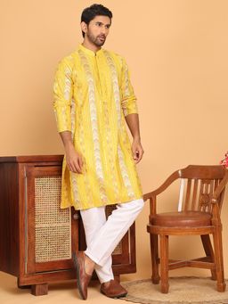 Jompers - Yellow Silk Blend Regular Full Sleeves Kurta With Pyjama