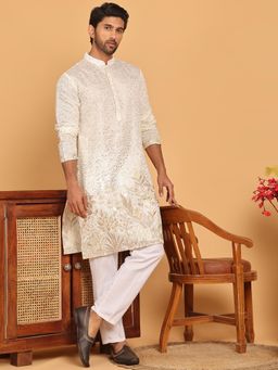 Jompers - White Silk Blend Regular Full Sleeves Kurta With Pyjama