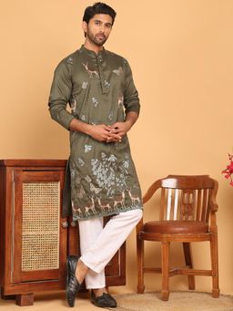 Jompers - Green Silk Blend Regular Full Sleeves Kurta With Pyjama