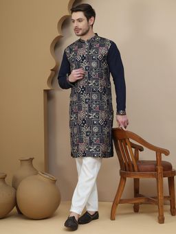 Jompers - Navy Blue Silk Blend Regular Full Sleeves Kurta With Pyjama