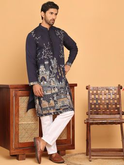 Jompers - Navy Blue Silk Blend Regular Full Sleeves Kurta With Pyjama