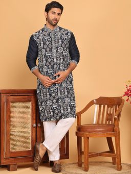 Jompers - Navy Blue Silk Blend Regular Full Sleeves Kurta With Pyjama