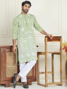 Jompers - Green Silk Blend Regular Full Sleeves Kurta With Pyjama