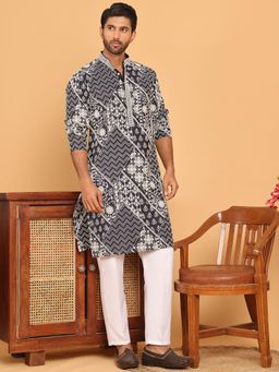 Jompers - Navy Blue Silk Blend Regular Full Sleeves Kurta With Pyjama