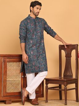Jompers - Teal Silk Blend Regular Full Sleeves Kurta With Pyjama