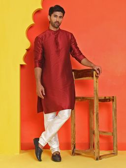 Jompers - Maroon Dupion Silk Regular Full Sleeves Kurta With Pyjama