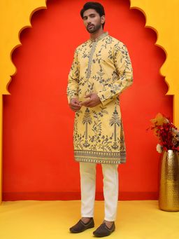 Jompers - Yellow Silk Blend Regular Full Sleeves Kurta With Pyjama