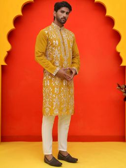 Jompers - Mustard Silk Blend Regular Full Sleeves Kurta With Pyjama