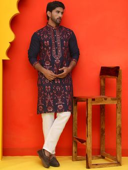 Jompers - Navy Blue Silk Blend Regular Full Sleeves Kurta With Pyjama
