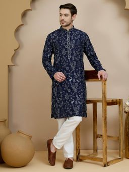 Jompers - Navy Blue Silk Blend Regular Full Sleeves Kurta With Pyjama