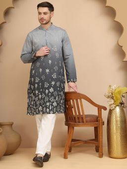 Jompers - Grey Silk Blend Regular Full Sleeves Kurta With Pyjama