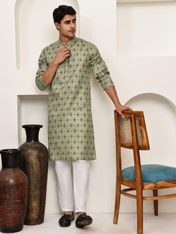 Jompers - Green Cotton Blend Regular Full Sleeves Kurta With Pyjama