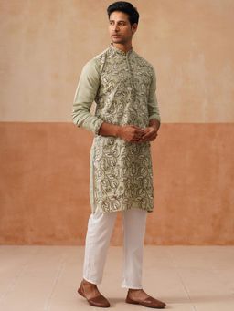 Jompers - Green Silk Blend Regular Full Sleeves Kurta With Pyjama
