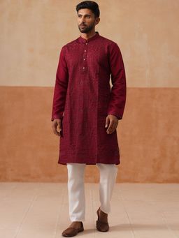 Jompers - Wine Silk Blend Regular Full Sleeves Kurta With Pyjama