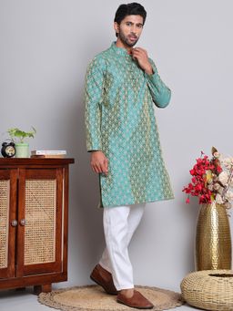 Jompers - Green Jacquard Regular Full Sleeves Kurta With Pyjama