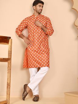 Jompers - Orange Cotton Blend Regular Full Sleeves Kurta With Pyjama