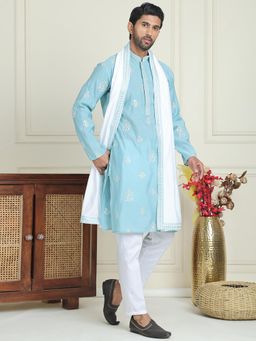 Jompers - Blue Silk Blend Regular Full Sleeves Kurta With Pyjama & Dupatta