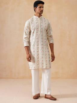 Jompers - White Silk Blend Regular Full Sleeves Kurta With Pyjama