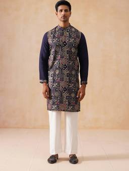 Jompers - Navy Blue Silk Blend Regular Full Sleeves Kurta With Pyjama