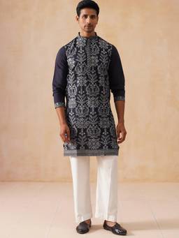 Jompers - Navy Blue Silk Blend Regular Full Sleeves Kurta With Pyjama