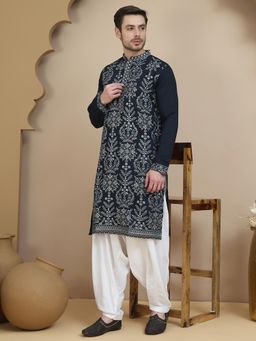 Jompers - Navy Blue Silk Blend Regular Full Sleeves Kurta With Salwar