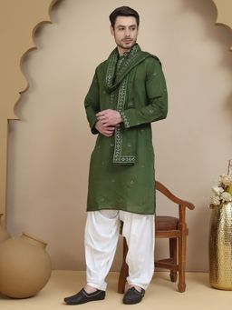 Jompers - Olive Silk Blend Regular Full Sleeves Kurta With Salwar & Dupatta