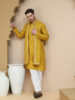 Jompers - Mustard Silk Blend Regular Full Sleeves Kurta With Pyjama & Dupatta