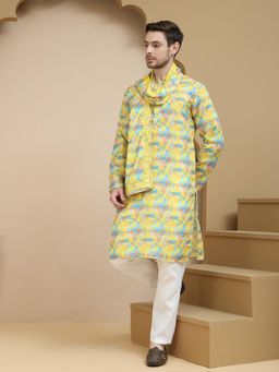Jompers - Yellow Silk Blend Regular Full Sleeves Kurta With Pyjama & Dupatta