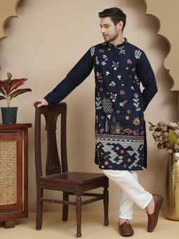 Jompers - Navy Blue Silk Blend Regular Full Sleeves Kurta With Pyjama