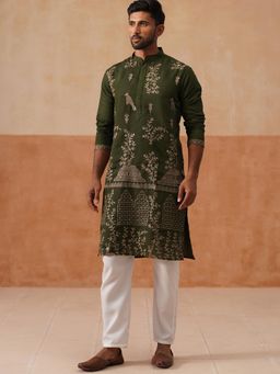 Jompers - Green Silk Blend Regular Full Sleeves Kurta With Pyjama
