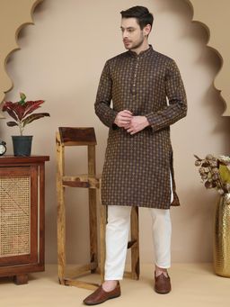 Jompers - Brown Silk Blend Regular Full Sleeves Kurta With Pyjama
