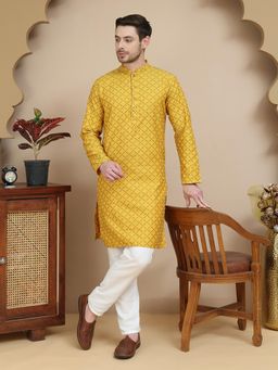 Jompers - Mustard Silk Blend Regular Full Sleeves Kurta With Pyjama