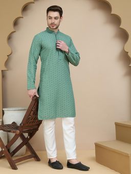 Jompers - Green Cotton Blend Regular Full Sleeves Kurta With Pyjama
