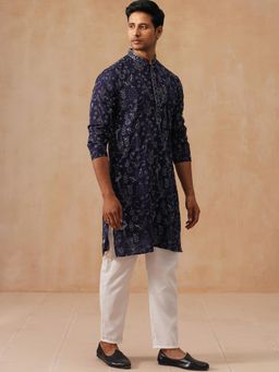 Jompers - Navy Blue Silk Blend Regular Full Sleeves Kurta With Pyjama