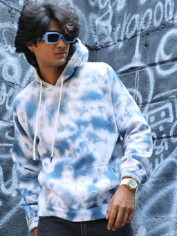 Campus Sutra - Men's White & Blue Tie Dye Hoodie With Kangaroo Pocket