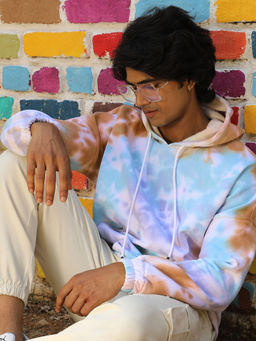 Campus Sutra - Men's Light Blue & Brown Pastel Tie Dye Hoodie With Kangaroo Pocket