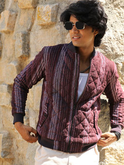 Campus Sutra - Men's Charcoal Grey Striped Quilted Bomber Jacket