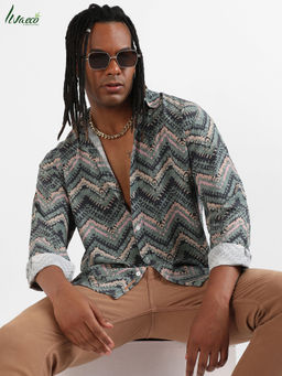 Campus Sutra - Men's EcoLiva Olive Green Abstract Zig Zag Shirt