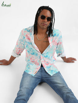 Campus Sutra - Men's EcoLiva Light Blue & Baby Pink Faded Roses Shirt