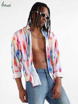 Campus Sutra - Men's EcoLiva White Tie Dye Striped Shirt