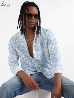 Campus Sutra - Men's EcoLiva White & Blue Water Strokes Shirt