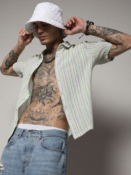 Campus Sutra - Men's Yellow & Pink Unbalanced Striped Woven Shirt