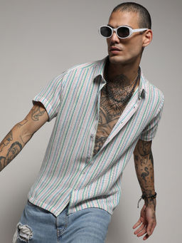 Campus Sutra - Men's Pink & Green Unbalanced Striped Woven Shirt