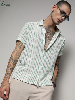 Campus Sutra - Men's White & Green Unbalanced Striped Woven Shirt