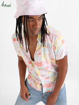 Campus Sutra - Men's EcoLiva Peach Pink Geometric Floral Block Shirt