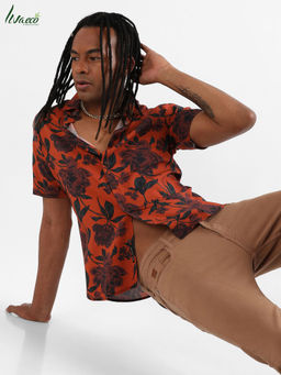 Campus Sutra - Men's EcoLiva Burnt Orange Floral Bloom Shirt